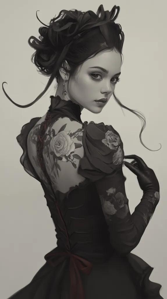 A grayscale portrait of a woman with dark hair styled in an elaborate updo, adorned with a black dress featuring floral embroidery.  She wears long black gloves and delicate earrings.  Roses are tattooed on her back and shoulders, adding to the gothic aesthetic.  Her expression is serious, and her gaze is directed slightly away from the viewer. The overall style is elegant and darkly romantic.