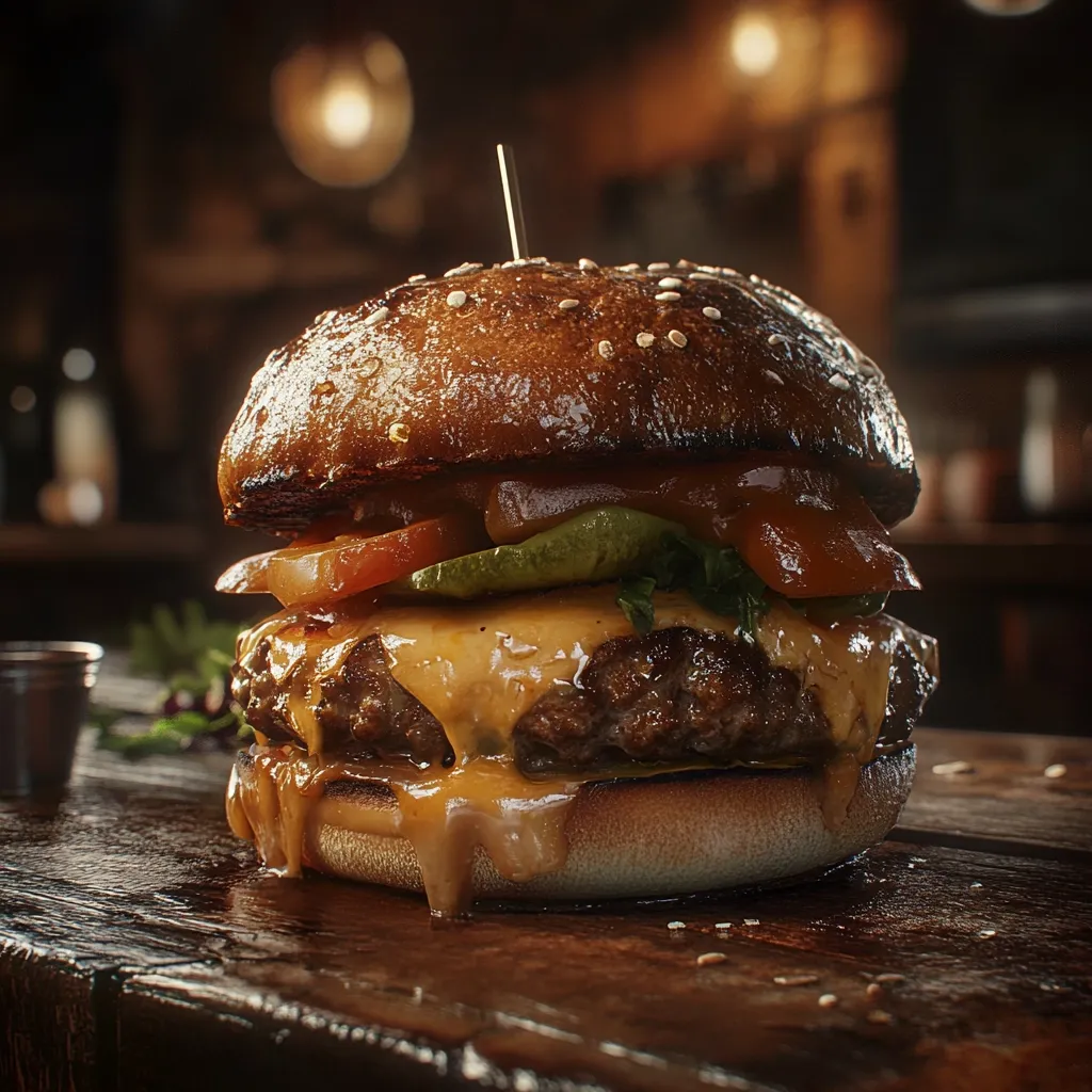 A juicy hamburger sits on a dark wooden table.  The toasted bun is generously topped with melted cheese, a thick patty, tomato slices, and what looks like pickled jalapeños.  The rich, warm lighting and slightly blurred background create a mouthwatering visual of this classic comfort food.  Sesame seeds sprinkle the bun's top.  A small toothpick protrudes from the top.