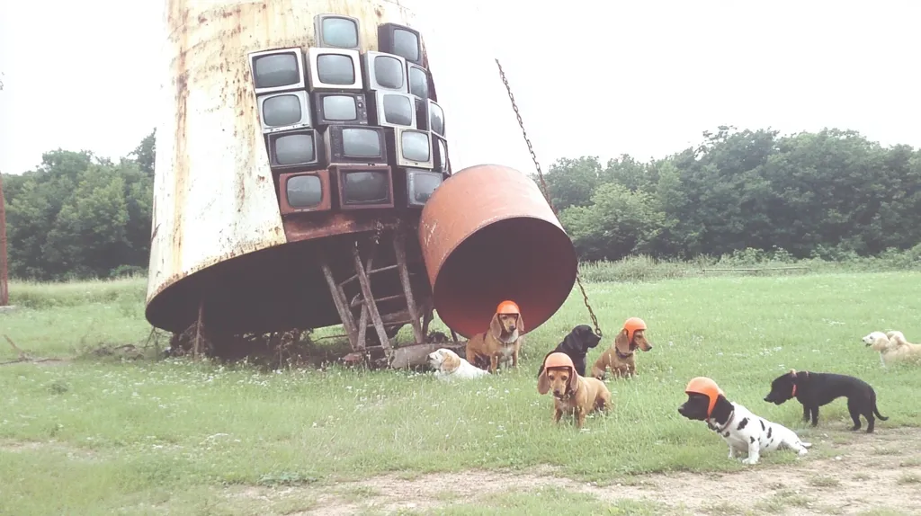 Several dogs, wearing small orange helmets, sit in a grassy field near a large, rusty metal structure.  The structure is covered with numerous old, square television screens. A large orange cylindrical object is attached to the side. The scene is peaceful, with a backdrop of green trees under a cloudy sky.  The unusual juxtaposition of the dogs, helmets, and the repurposed television-clad structure creates a quirky, memorable image.