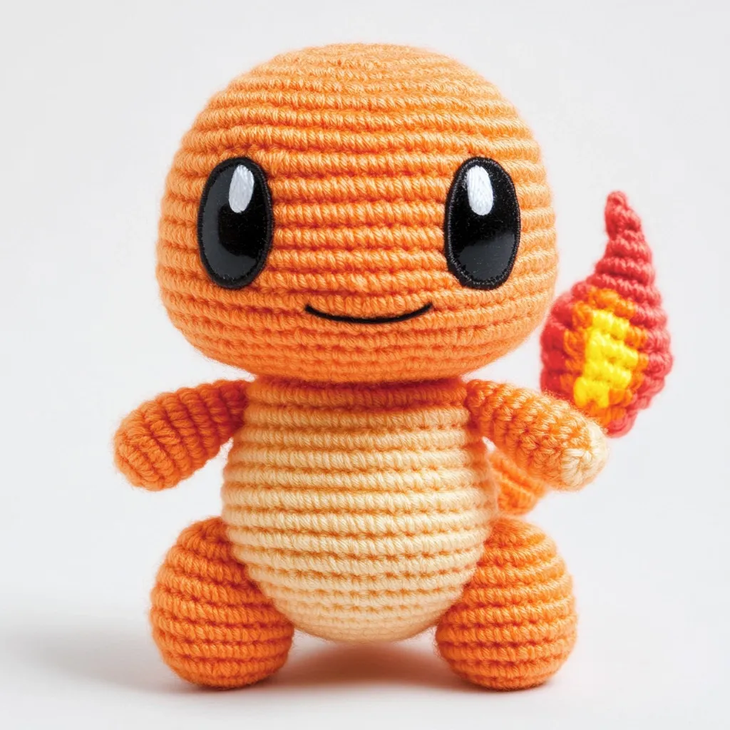 An adorable crocheted Charmander, a Pokémon character, is presented.  The plush toy features a round orange body, large black eyes, and a signature flame tail crafted in shades of orange and yellow.  The detailed crochet work is evident in its textured surface and distinct features.  It's a charming handmade creation, perfect for collectors or fans.
