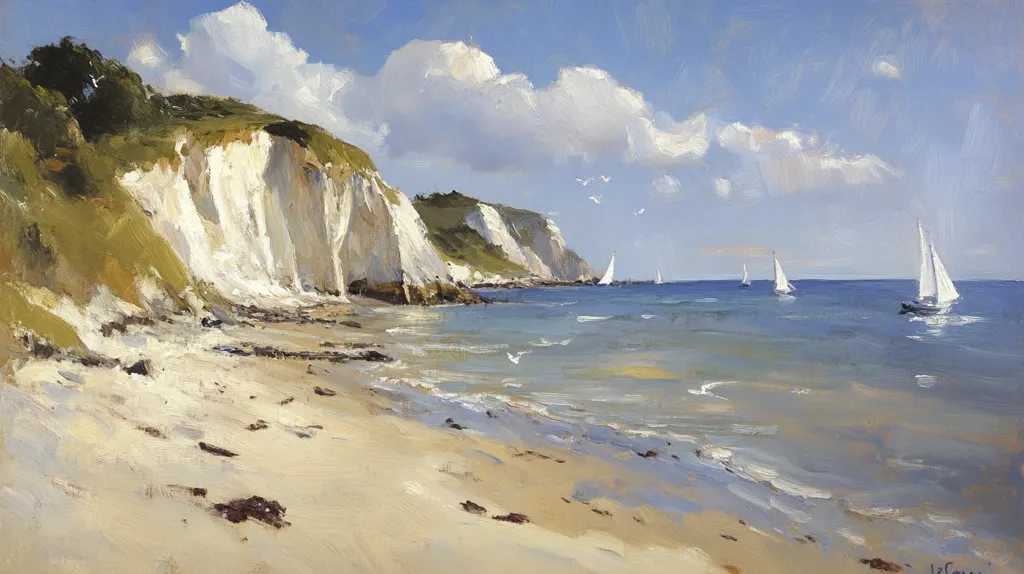A tranquil beach scene unfolds, showcasing white cliffs rising from a sandy shore.  Several sailboats dot the calm, blue sea under a partly cloudy sky.  The artist's loose brushstrokes capture the light and movement of the water and the gentle breeze.  Green vegetation crowns the cliffs, adding a touch of vibrant color to the coastal landscape. The overall feeling is one of serene beauty and peaceful solitude.