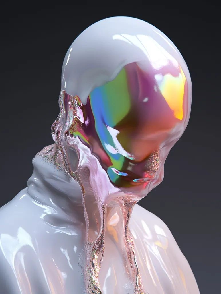 A digital rendering depicts a sculpted head and torso, seemingly made of glossy white material.  A vibrant, iridescent substance, displaying rainbow hues, flows down from the head, covering the chest and resembling melting paint or liquid light. The overall effect is surreal and otherworldly, blending smooth surfaces with a dynamic, flowing element. The image has a high degree of detail and visual impact.