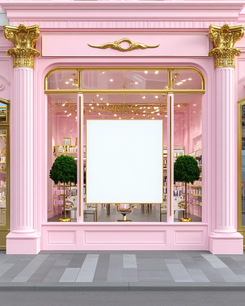A pink storefront with gold accents displays a large blank sign in its window.  The shop's interior is visible, showcasing shelves of products, suggesting a beauty or cosmetics store.  Elegant columns flank the entrance, and potted plants add a touch of greenery. The overall aesthetic is luxurious and feminine.