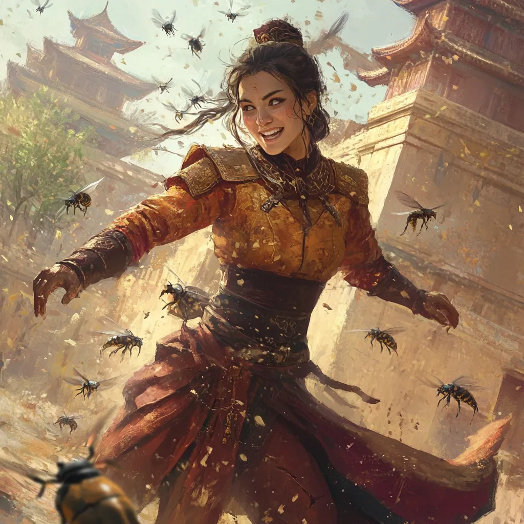 A joyful young woman, clad in richly colored, ornate robes, playfully interacts with a swarm of bees surrounding her.  She stands before an ancient Asian-style building, dust motes dancing in the sunlit air. Her expression is one of mischievous delight as she seems to command the insects, a scene imbued with fantasy and a touch of magic.