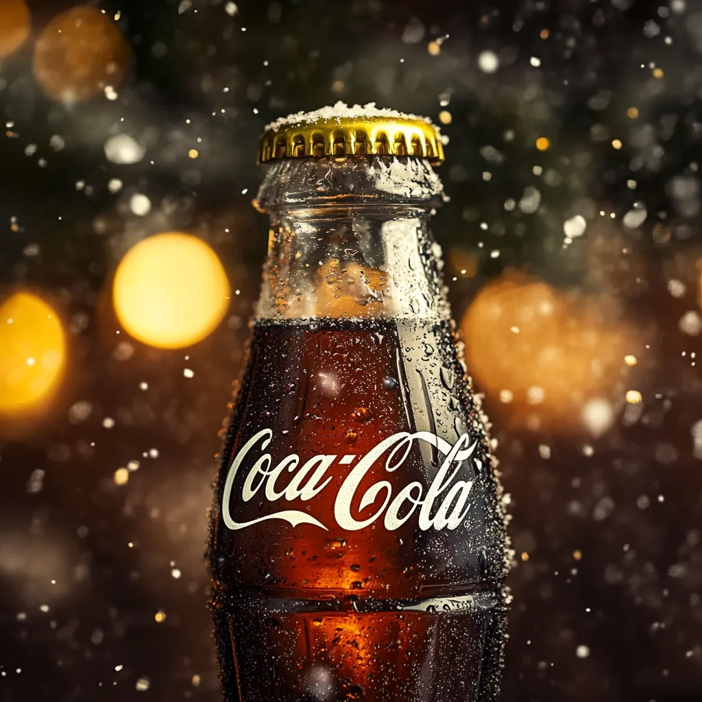 A Coca-Cola bottle, covered in condensation and a light dusting of snow, stands against a bokeh background of warm golden lights.  The iconic Coca-Cola script is clearly visible on the dark glass.  A festive, wintery scene is suggested by the falling snow and blurred lights, creating a visually appealing and evocative image.