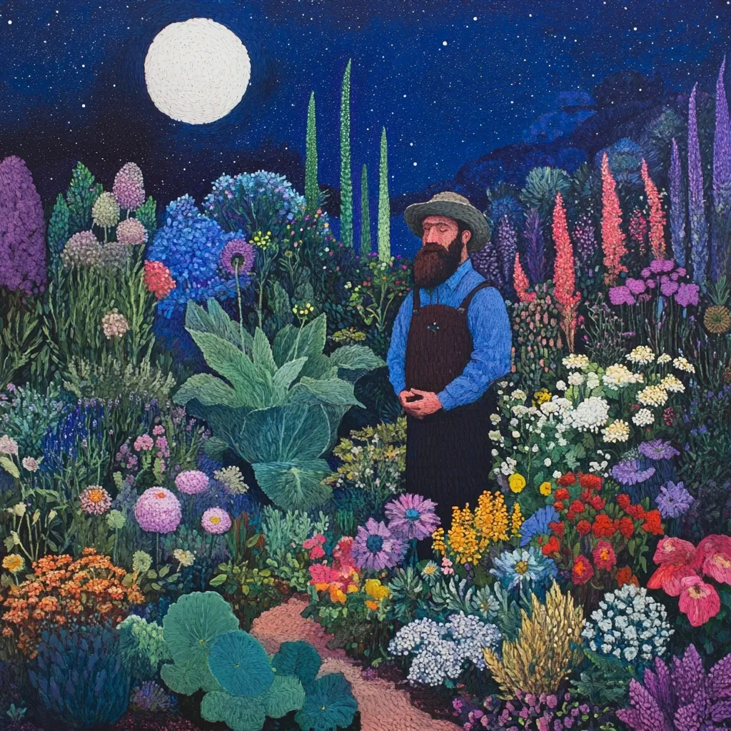 A bearded man in overalls stands contemplatively amidst a vibrant, moonlit garden.  The artwork is rich with detail, showcasing a diverse array of flowering plants and foliage.  A full moon hangs in the night sky, casting a soft glow on the scene.  The overall mood is serene and peaceful, evoking a sense of connection with nature.