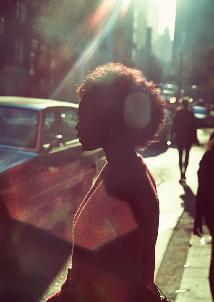 A silhouetted woman with afro-textured hair stands on a city street, bathed in bright sunlight.  Lens flares create a hazy, ethereal effect.  She's wearing a dark reddish-brown coat.  Cars and blurred figures of other pedestrians are visible in the background, suggesting a bustling urban setting. The overall mood is one of quiet contemplation amidst city life.