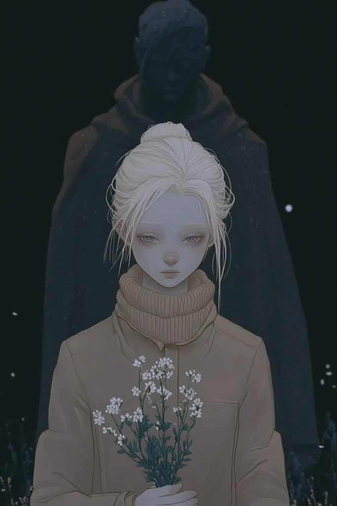A young woman with pale skin and blonde hair in a bun holds a small bouquet of white flowers. She wears a tan turtleneck and jacket. A shadowy figure, possibly male, looms behind her, adding a sense of mystery and unease to the melancholic scene. The overall mood is somber and introspective, enhanced by the dark background and muted color palette.