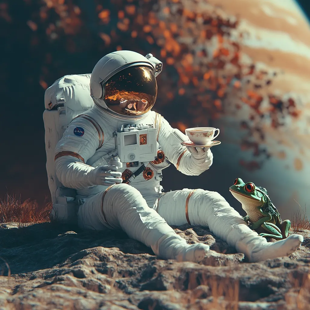 An astronaut, clad in a white spacesuit, sits on a rocky, alien landscape.  A small, green frog sits beside them.  The astronaut holds a delicate teacup and saucer, enjoying a moment of tranquility against the backdrop of a blurred, reddish-brown planet.  The scene is surreal and peaceful, evoking a sense of solitude and unexpected companionship in the vastness of space.