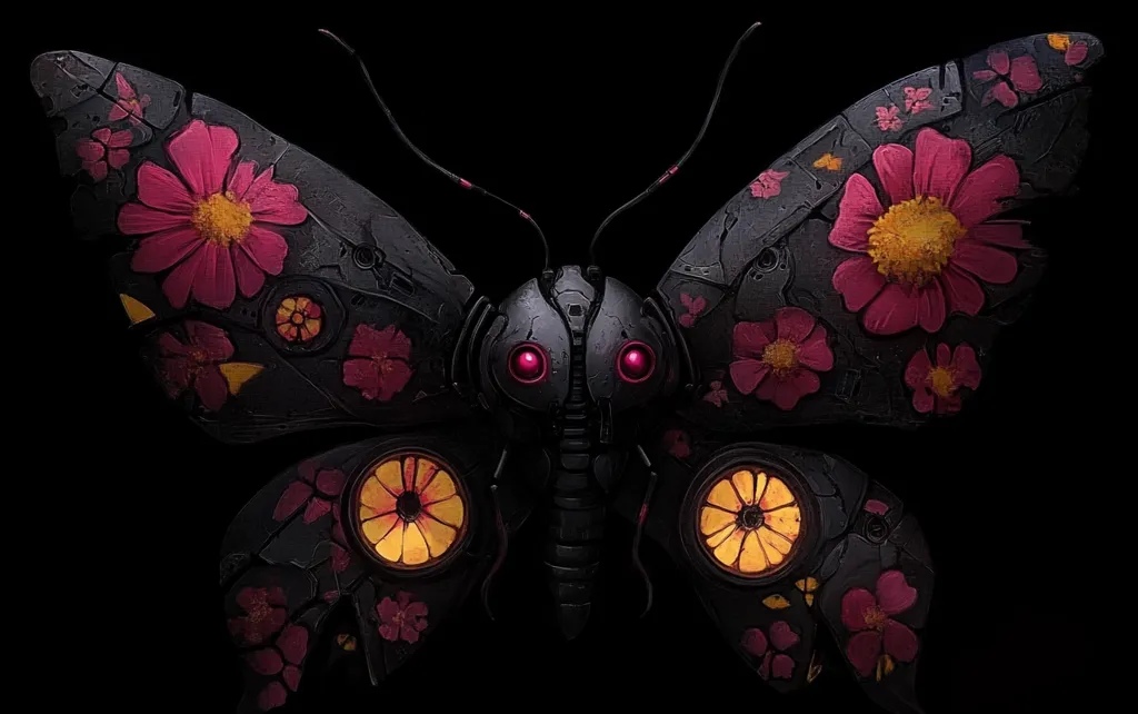 A striking image of a robotic butterfly, its dark metallic body adorned with vibrant pink and yellow flowers.  The butterfly's mechanical features are evident, juxtaposed against the delicate floral details.  Its large, glowing red eyes add an element of mystery. The contrast between the organic and mechanical elements creates a captivating and surreal aesthetic.