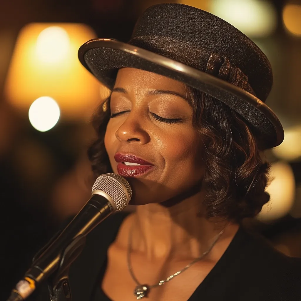 A woman with dark, curly hair and a black fedora sings into a microphone.  Her eyes are closed, and her expression is serene and focused. The warm lighting suggests an intimate setting, perhaps a jazz club, with blurred lights in the background.  She wears a simple necklace. The image captures a moment of intense musical expression.