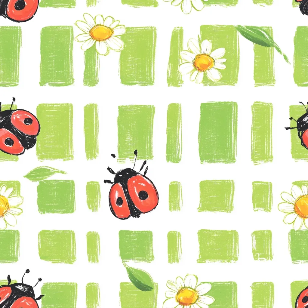 A cheerful seamless pattern features red ladybugs and daisies scattered across a background of light green, hand-painted squares.  The simplistic style, reminiscent of children's drawings, creates a playful and whimsical design. Green leaves add to the nature-inspired motif. The overall effect is bright, optimistic, and suitable for various applications.
