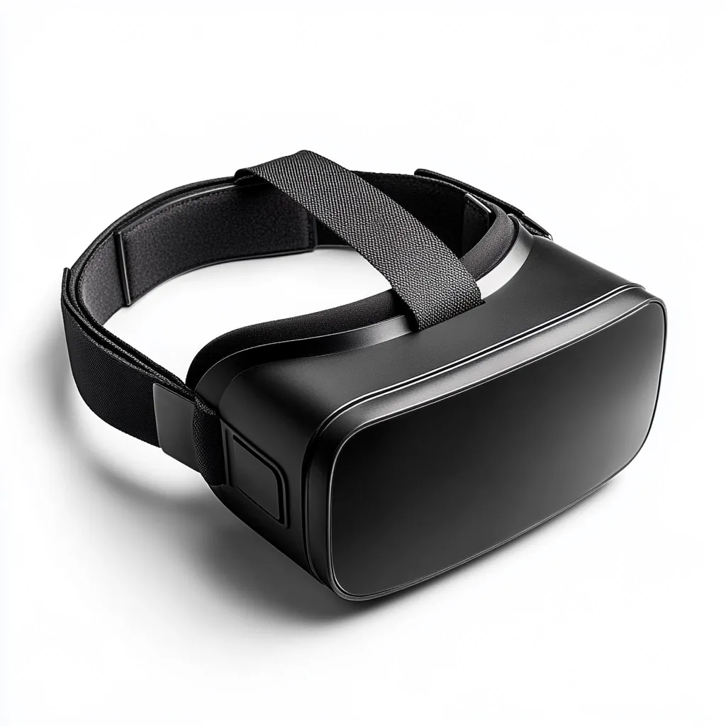 A sleek, black virtual reality headset rests on a white background.  Its adjustable fabric headband contrasts with the smooth, matte finish of the headset's body.  The headset's design is minimalist and modern, suggesting a high-tech and immersive user experience.  The image highlights the device's clean lines and solid build quality.