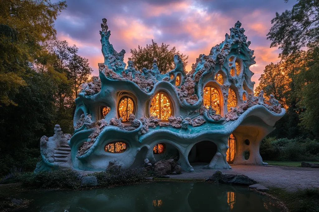 A whimsical, organic structure resembling a seashell or coral reef sits nestled in a tranquil forest.  Illuminated from within, its many windows glow warmly against the twilight sky.  The building's unique, sculpted facade is adorned with decorative elements, creating a fantastical and enchanting atmosphere.  A small pond reflects the structure and the surrounding trees.