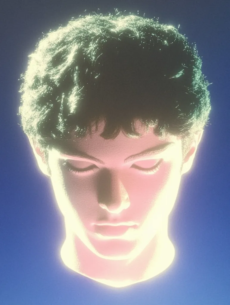 A stylized, glowing head of a young man with short, dark hair is shown against a deep blue background.  The image has a retro, almost 80s aesthetic, with a soft, almost ethereal quality to the light and color. The man's eyes are closed, and his expression is serene.  The hair appears textured and slightly luminescent.