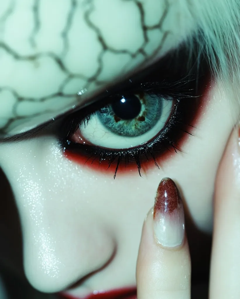 Close-up of a stylized eye with dramatic makeup.  The eye is strikingly green with dark eyeliner and crimson shadow.  A cracked, pale design is painted above the eye.  A finger with a dark-to-light ombre nail polish is visible, partially obscuring the lower half of the face.  The overall effect is eerie and artistic.