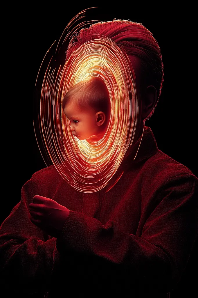 A surreal image depicts a person in a dark red sweater.  A baby's face is enveloped within a glowing, swirling, orange light ring, seemingly emanating from the person's head. The overall effect is dark, mysterious, and suggestive of a connection or memory between the adult and the child. The contrast between the dark background and vibrant light creates a striking visual.