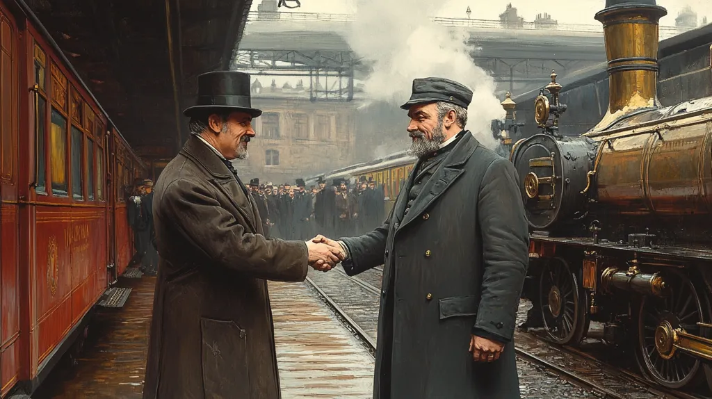 Two men in 19th-century attire shake hands on a train platform.  A crowd of onlookers stands behind them. A majestic steam locomotive with gleaming brass fittings dominates the background. The scene is evocative of a historical railway station, with a red passenger train visible. The overall mood is one of formal greeting or farewell, tinged with a sense of the era's grandeur and industry.