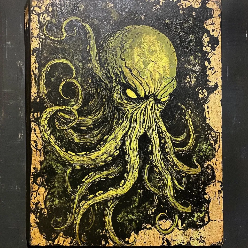 A close-up shot reveals a captivating artwork depicting Cthulhu, the monstrous entity from H.P. Lovecraft's mythos.  Rendered in a striking palette of dark greens and yellows, Cthulhu's face and tentacles dominate the composition, set against a textured, aged background reminiscent of parchment. The painting style is bold and expressive, conveying a sense of cosmic horror and ancient power.  The overall effect is both frightening and mesmerizing.