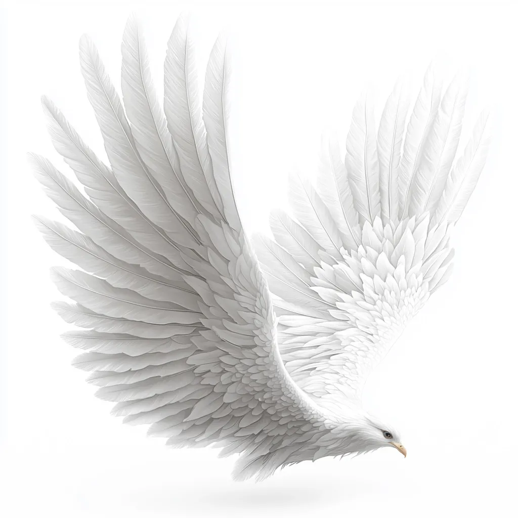 A majestic white bird, possibly an eagle or similar, is depicted in flight. Its wings are dramatically spread, showcasing an array of delicate, pristine white feathers. The image is highly detailed, emphasizing the texture and form of each feather.  The bird's head is slightly lowered, suggesting grace and power. The background is pure white, drawing all attention to the magnificent bird and its expansive wings.