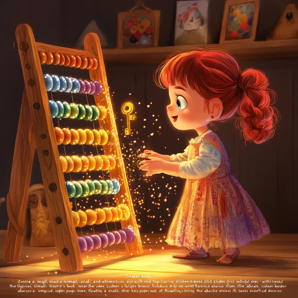 A charming illustration depicts a little girl with vibrant red hair interacting with an abacus.  Golden light sparkles around her hands as she touches the colorful beads. The scene is warm and inviting, suggesting a magical moment of learning and discovery. The girl's dress and the wooden abacus are intricately detailed, adding to the image's whimsical charm.