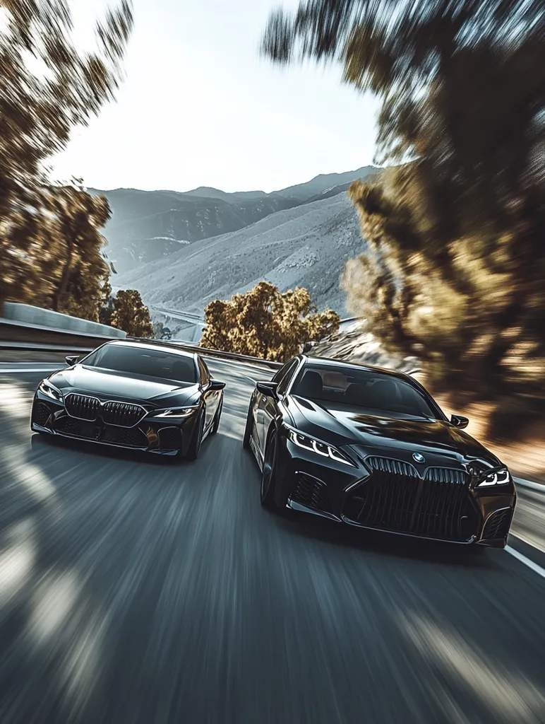 Two sleek, black BMWs speed along a winding mountain road.  The cars are sharply focused against a blurred background of trees and mountains, creating a dynamic sense of motion. Sunlight illuminates the scene, highlighting the curves of the vehicles. The overall impression is one of luxury, speed, and scenic beauty.