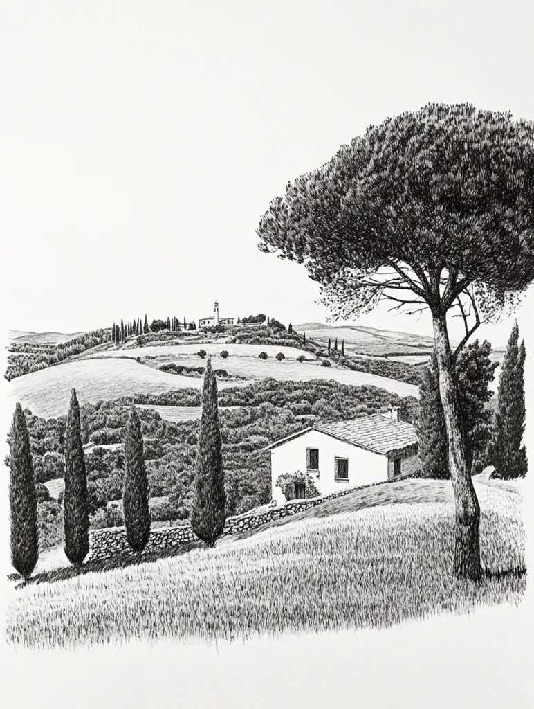 A black and white pen and ink drawing depicts a Tuscan landscape. Rolling hills dotted with cypress trees lead to a small farmhouse nestled amongst the greenery.  A large umbrella pine tree dominates the foreground, its shadow cast across the sun-drenched fields. In the distance, a small village is visible, nestled among the hills. The detailed drawing creates a serene and idyllic atmosphere.
