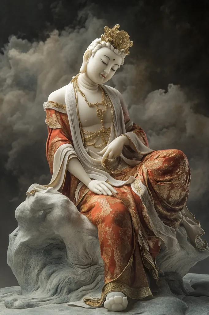 A serene statue depicts a Bodhisattva, seated gracefully on a sculpted rock.  Clad in flowing robes of rich orange and gold, the figure is rendered in pale stone, with delicate facial features and a crown of gold. The detailed drapery and the textured rock create a visually captivating contrast against a dark, cloudy backdrop, suggesting a spiritual and ethereal atmosphere.  The overall impression is one of tranquility and contemplative peace.