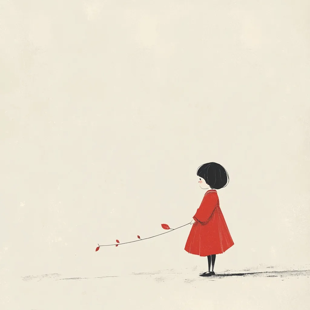 A minimalist illustration depicts a young girl in a red coat.  She stands in profile, holding a twig with a few red leaves attached, like a leash. The background is a muted beige, providing a stark contrast to the girl's vibrant clothing. The scene evokes a sense of quiet contemplation and simplicity. The style is delicate and slightly melancholic.