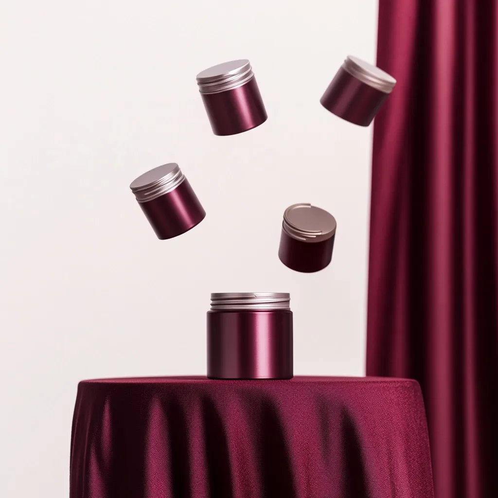 Five maroon cosmetic jars with silver lids levitate against a white backdrop. One jar rests on a burgundy satin table, while the others float in mid-air.  A burgundy curtain is partially visible to the right, creating a luxurious and elegant aesthetic. The overall image suggests a product launch or advertisement.