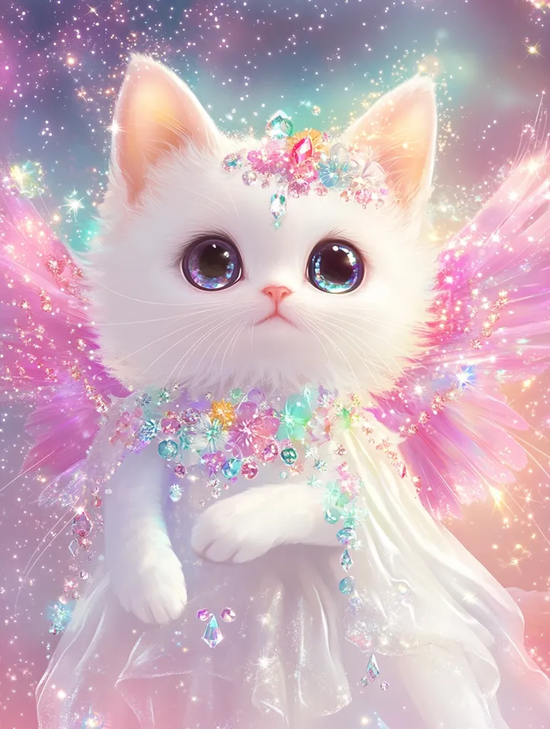 A whimsical illustration depicts a fluffy white kitten adorned in a sparkling tiara and a pastel-colored floral necklace.  Delicate, translucent pink wings sprout from its back, adding to its ethereal beauty. The kitten is dressed in a sheer, flowing gown, and the entire scene is set against a shimmering, star-dusted backdrop of pink and purple hues.  The image exudes a magical and enchanting quality.