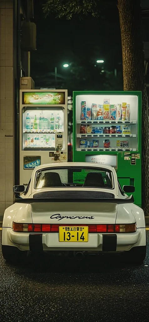A classic white Porsche 911 Carrera is parked at night in Japan, between two vending machines.  The car's rear is visible, displaying a Japanese license plate. The scene is dimly lit by streetlights, creating a nostalgic and atmospheric ambiance. The vending machines offer a variety of drinks and snacks.