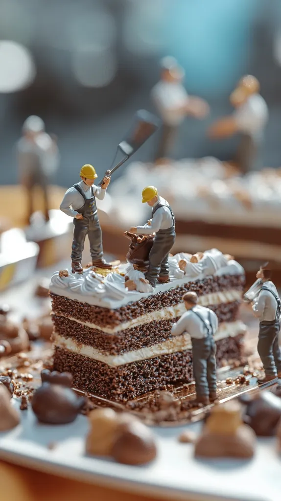Miniature construction workers, wearing yellow hard hats and overalls, are meticulously decorating a large chocolate layer cake.  They use small tools and appear to be adding frosting and other details to the cake's surface.  The scene is set against a blurred background, focusing attention on the tiny figures and their careful work on the delicious-looking dessert.  Surrounding the cake are various chocolate candies.