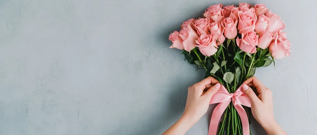 A large bouquet of light pink roses is being tied with a delicate pink ribbon.  The roses are full and lush, their petals a soft, romantic shade. The hands gently arrange the ribbon, showcasing the beautiful blooms against a textured light grey background.  The overall image evokes feelings of love, romance, and celebration.