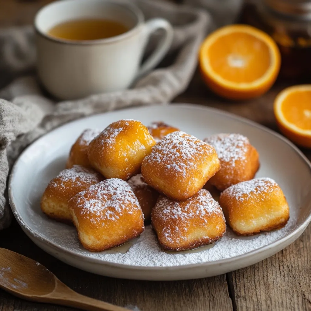 A plate of golden-brown, cube-shaped pastries, dusted with powdered sugar, sits on a wooden table.  The pastries appear glazed and slightly sticky.  A cup of tea and slices of orange are visible in the background, suggesting a cozy and comforting setting. The scene is warm and inviting, highlighting the delicious-looking treats.