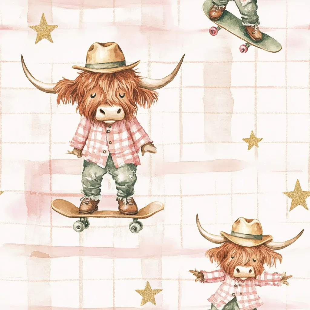 A charming watercolor pattern features Highland cows skateboarding.  The cows wear plaid shirts and cowboy hats, adding a whimsical touch.  The background is a delicate pink grid with gold stars scattered throughout, creating a playful and stylish design.  One cow is shown mid-skate, showcasing a dynamic pose.  The overall aesthetic is sweet and slightly rustic.