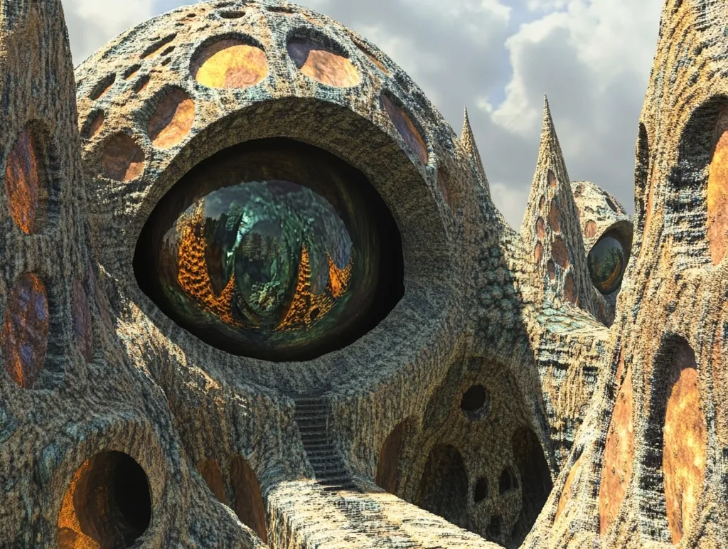 A digital rendering depicts a fantastical, organic structure resembling a colossal eye.  The stony, textured surface is mottled with browns, oranges, and greens.  A large, spherical, translucent eye dominates the center, reflecting an internal, cavernous space.  Smaller, similar structures surround the main form, creating a complex, alien cityscape under a partly cloudy sky.  The overall effect is surreal and otherworldly.