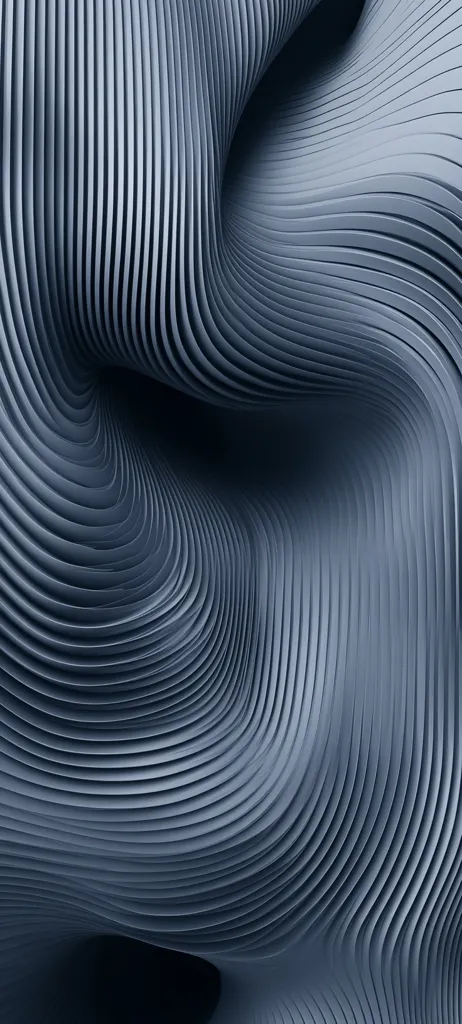 The image showcases a mesmerizing abstract composition.  Parallel, curved lines in a muted blue-gray hue create a three-dimensional, undulating form. The lines flow smoothly, creating a sense of depth and movement. The overall effect is one of elegant, flowing fluidity and sophisticated texture.