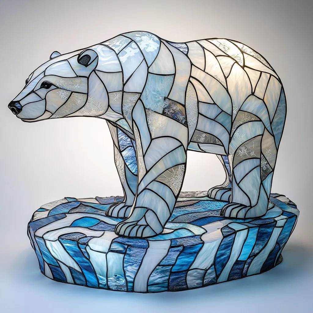 A stunning stained-glass lamp depicts a polar bear standing on a fractured ice floe.  The bear is rendered in shades of white and blue, mirroring the icy landscape below.  The intricate design utilizes varied glass textures and colors, creating a captivating three-dimensional effect. The lamp base mimics the breaking ice, with blues and whites reflecting light.  It is a beautiful and evocative piece of art.