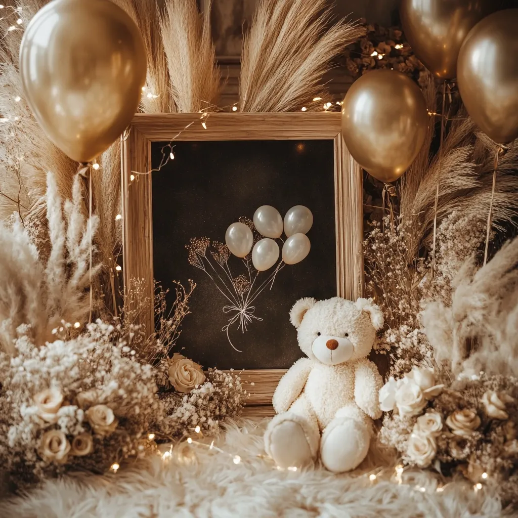 A charming baby photoshoot setup features a creamy white teddy bear seated before a framed chalkboard depicting a drawing of balloons.  Gold and ivory balloons surround the scene, interspersed with fluffy pampas grass and delicate baby's breath flowers.  String lights add a warm glow, creating a soft and elegant ambiance.  The overall color palette is neutral and calming.