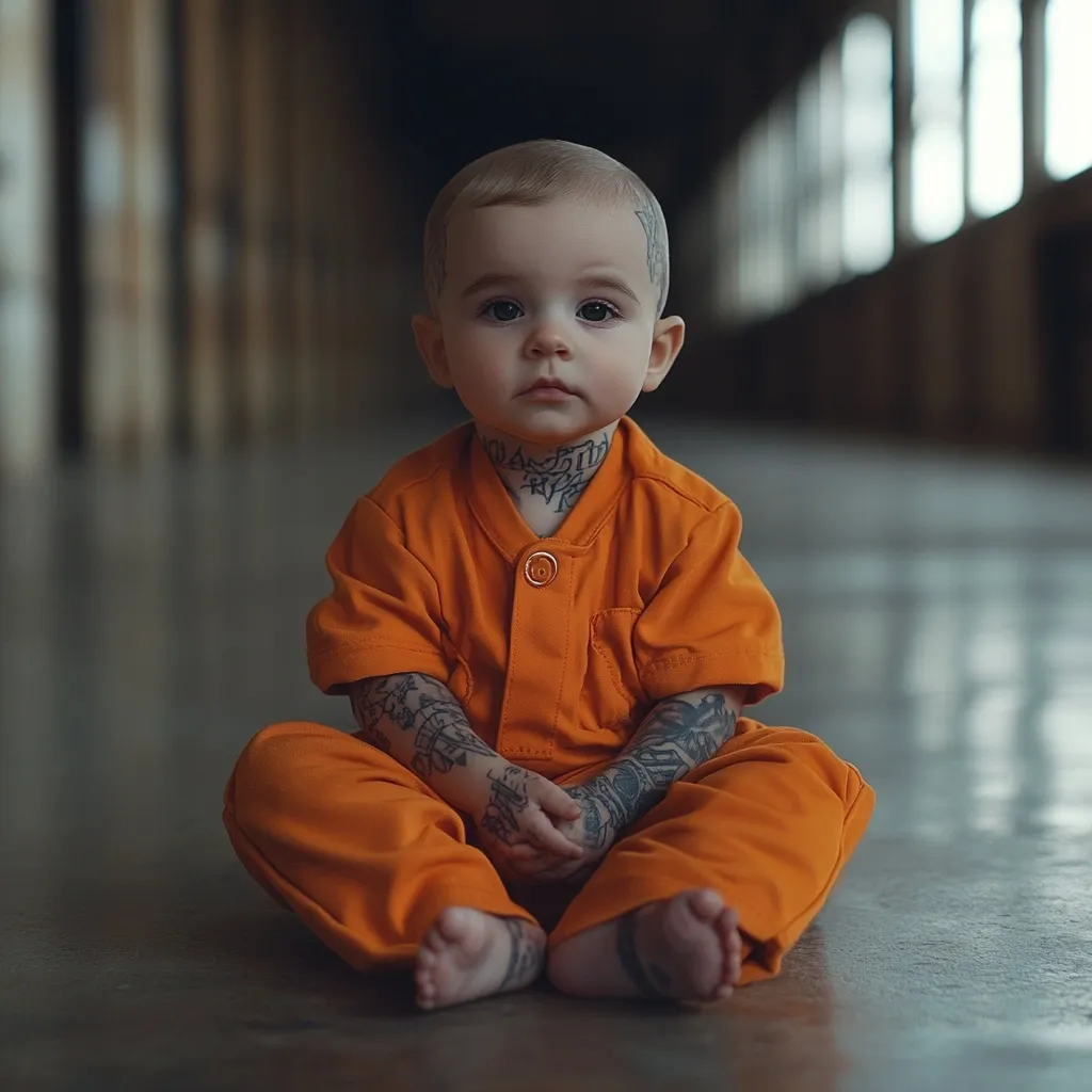 A baby, seemingly photoshopped, sits on a concrete floor wearing an orange jumpsuit.  Fake tattoos adorn its neck and arms, creating a jarring contrast between its innocent features and the hardened criminal aesthetic. The setting appears to be an industrial space, enhancing the image's unsettling juxtaposition.