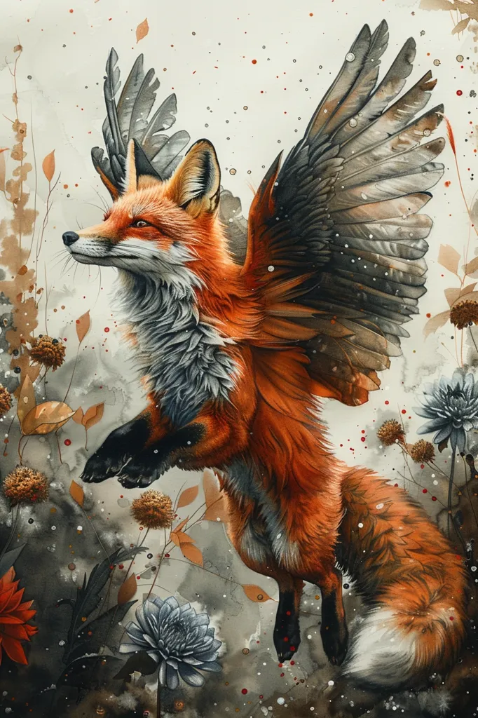 A watercolor painting depicts a vibrant red fox with large, dark gray wings outstretched, appearing mid-leap.  The fox's fur is detailed, and its expression is alert and graceful.  It is surrounded by muted autumnal flowers and foliage, creating a mystical and ethereal atmosphere.  The background is a soft blend of grays and browns, enhancing the fox's fiery colors.