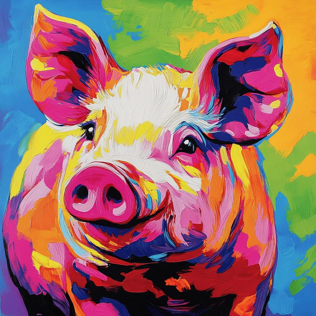 A vibrant, expressive painting of a pig dominates the canvas.  Rendered in bold, impasto strokes of pink, yellow, orange, and blue, the pig's cheerful countenance is emphasized by its expressive eyes and upturned snout. The background is a dynamic mix of colors, complementing the pig's lively depiction. The artist's style is bold and energetic, conveying a sense of joy and movement.