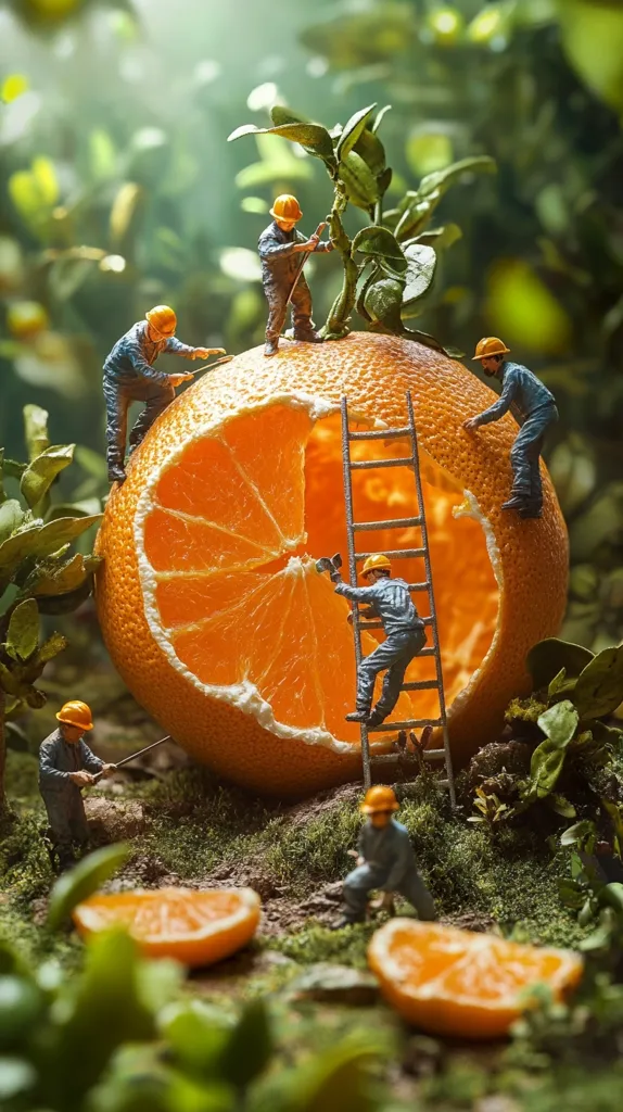 Miniature construction workers meticulously carve a giant orange.  They use ladders and tools to shape the fruit, while others tend to a small plant sprouting from the top.  The scene is set in a lush, green environment, with smaller oranges scattered on the ground, creating a whimsical and detailed diorama.