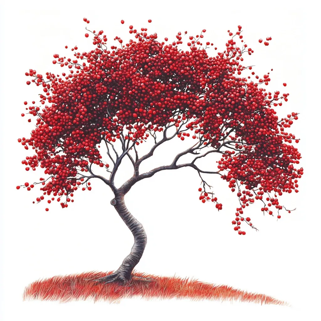 A stylized tree, rendered in meticulous detail, dominates the image.  Its branches, stark and elegant, are laden with a profusion of vibrant red berries. The berries densely cover the branches, creating a rich, textured canopy against a stark white background. The tree's trunk curves gracefully, adding to its artistic appeal. A small patch of reddish-brown grass nestles at the base, completing the composition.