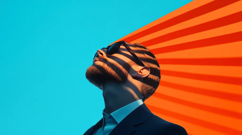 A stylish man with a beard, wearing sunglasses, looks upward against a vibrant backdrop.  He's dressed in a dark suit and light shirt.  Striking orange and teal colors create a bold contrast.  The image features strong shadows and lighting, highlighting the man's features and the textured background.  The overall aesthetic is modern and sophisticated.