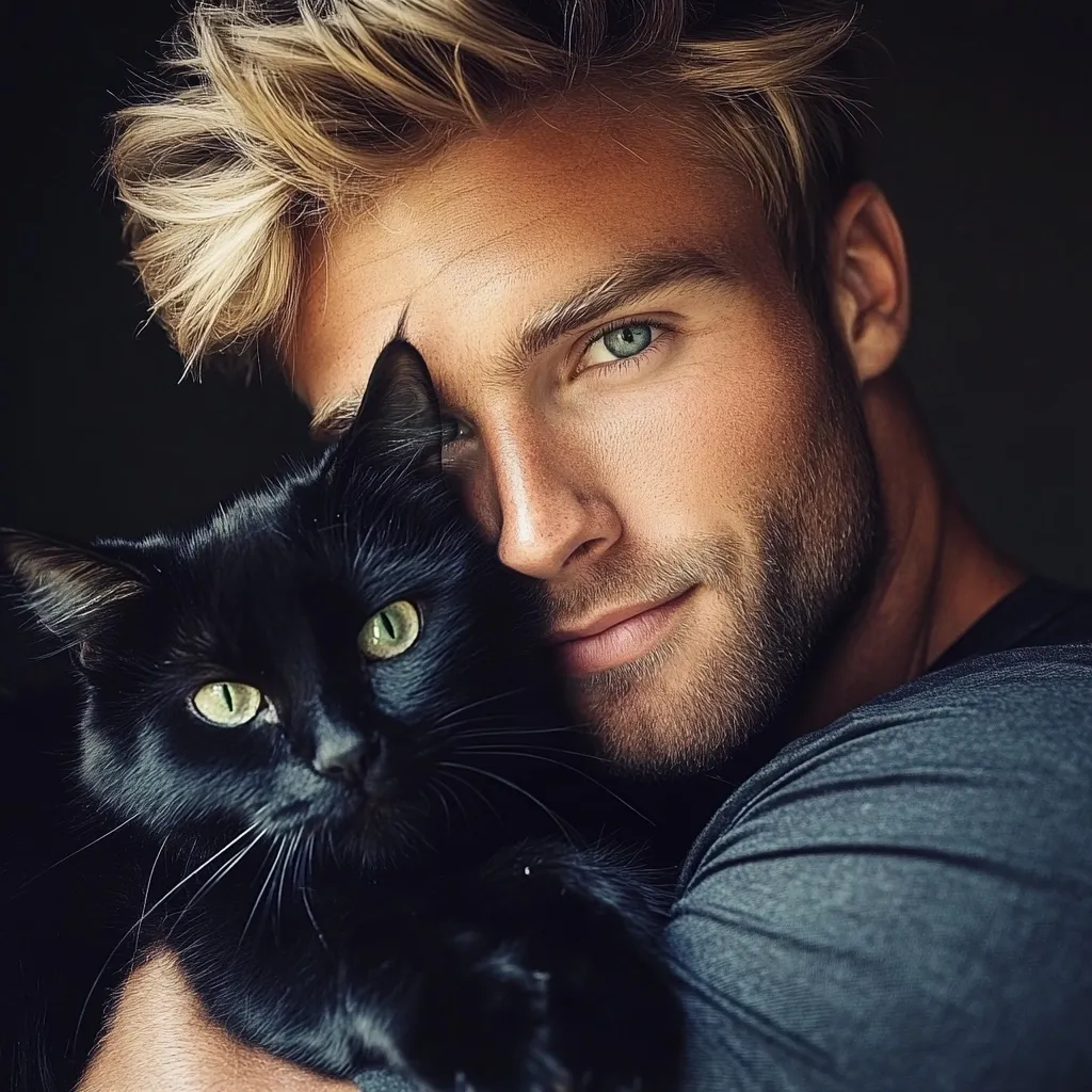 A close-up portrait shows a handsome blond man with a short beard gently holding a black cat.  The man's face is partially obscured by the cat, creating an intimate and affectionate scene.  His green eyes and warm expression contrast with the cat's sleek, dark fur. The overall mood is one of calmness and connection.