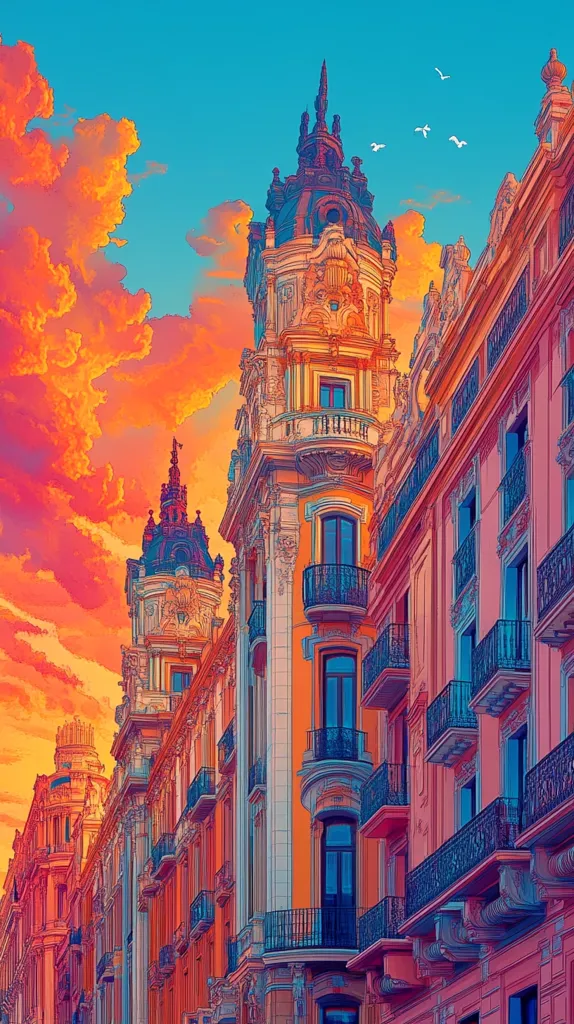 A vibrant illustration depicts a row of ornate European buildings at sunset.  The architecture is detailed, with elaborate balconies and rooftop features.  The sky is a dramatic mix of fiery oranges and soft blues, contrasting with the warm tones of the buildings.  A few birds are visible against the sky, adding a touch of serenity to the scene. The overall style is reminiscent of a stylized painting or graphic design.