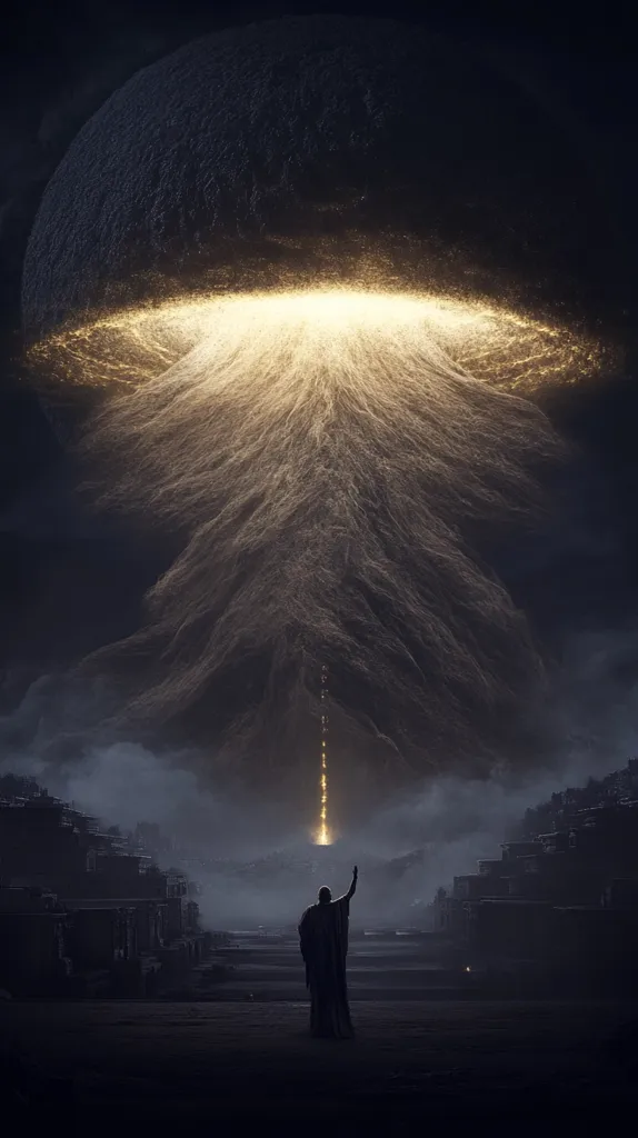 A dark, colossal sphere hangs overhead, emitting a radiant, golden beam that pierces the night sky.  A lone figure, silhouetted against the ethereal glow, stands before a desolate, ancient city.  The scene evokes a sense of wonder and mystery, possibly depicting a divine intervention or a cosmic event. The atmosphere is dramatic and otherworldly, suggesting a powerful, transformative moment.