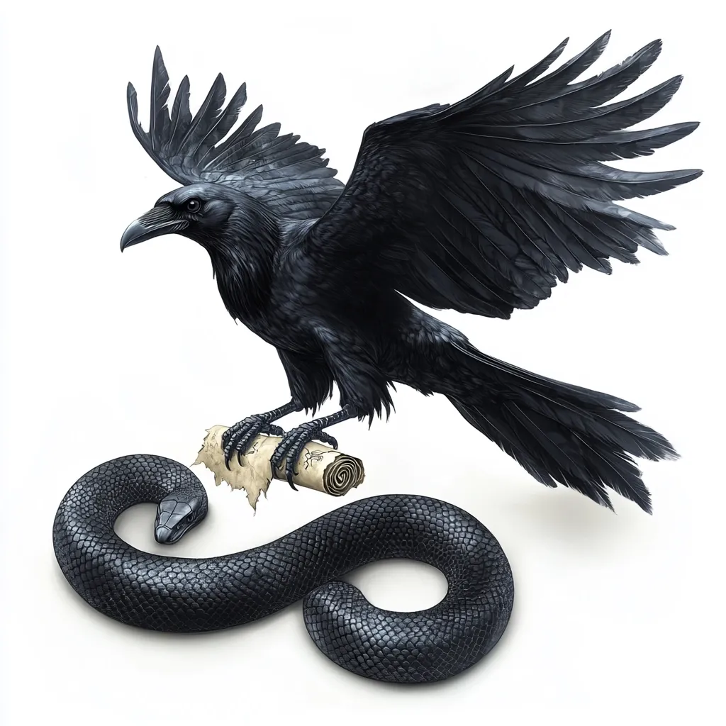 A large black raven, wings spread wide, perches on a coiled black snake.  The raven holds a tattered scroll in its talons.  Both the bird and snake are rendered in exquisite detail against a stark white background, creating a dramatic and symbolic image.  The scene suggests mystery and perhaps a portentous message.